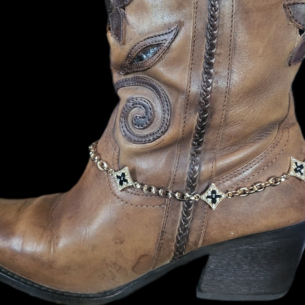 Western Cowboy Boots Jewelry Gold Chain Faux Diamond & Black Stones Southwestern